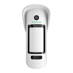 En hvid udendørs bevægelsessensor med kamera, MotionCam Outdoor